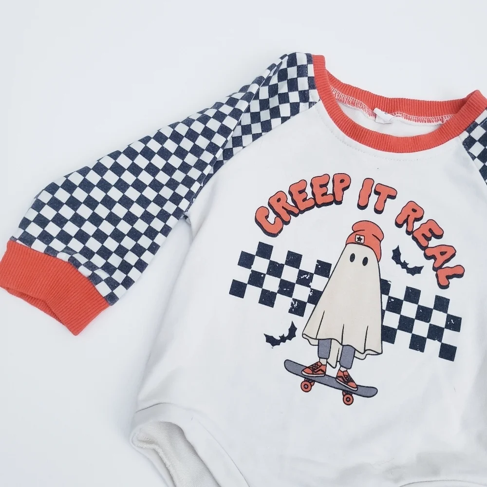 Creepin It Real Skater Ghost Long Sleeve Onesie Plaid Halloween